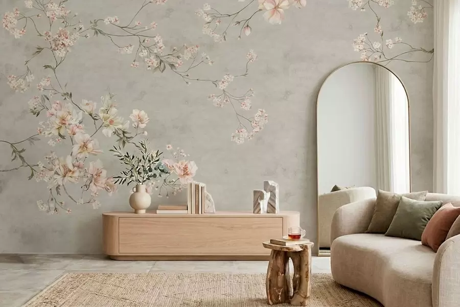 murais de parede Ramos florais em estilo chinoiserie sobre fundo cinza w05427v1