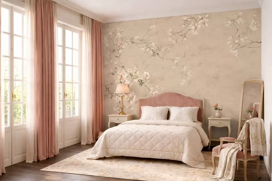 murais de parede Ramos florais em estilo chinoiserie sobre fundo bege quente w05427v2