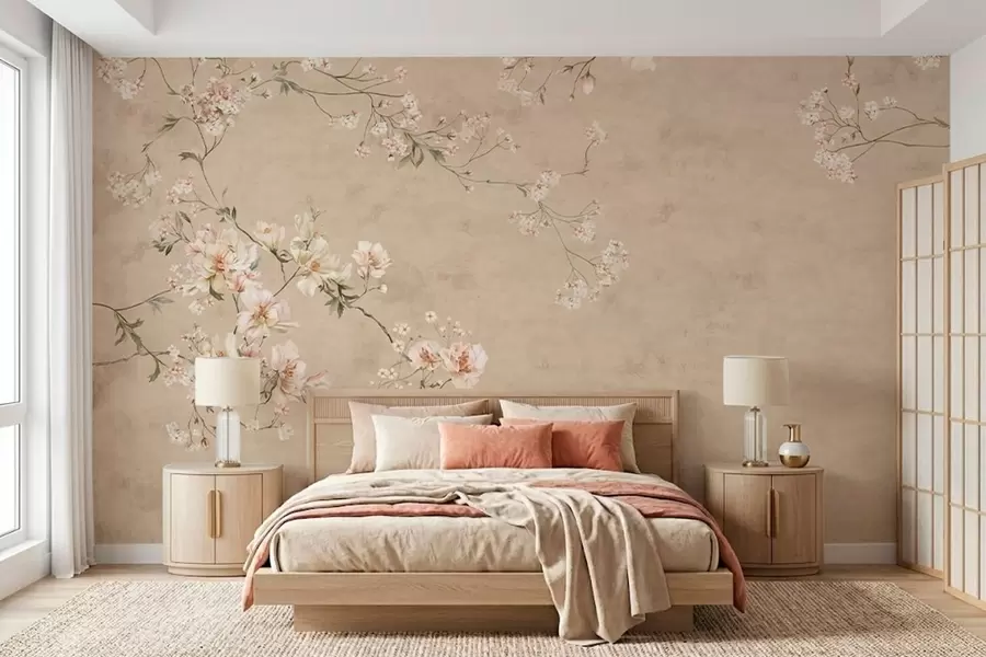 murais de parede Ramos florais em estilo chinoiserie sobre fundo bege quente w05427v2