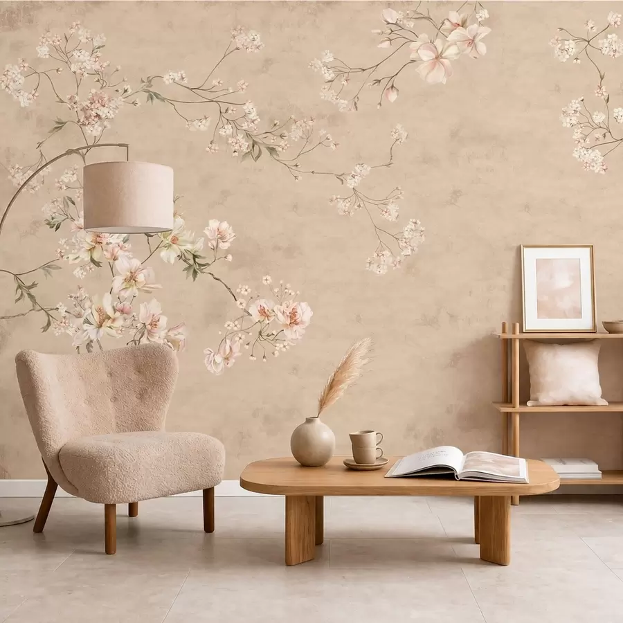 murais de parede Ramos florais em estilo chinoiserie sobre fundo bege quente w05427v2