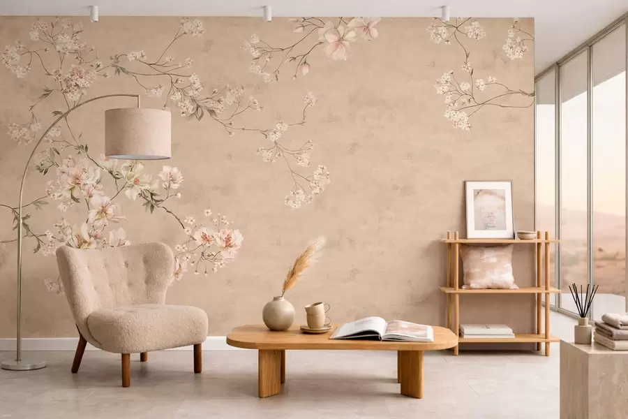murais de parede Ramos florais em estilo chinoiserie sobre fundo bege quente w05427v2