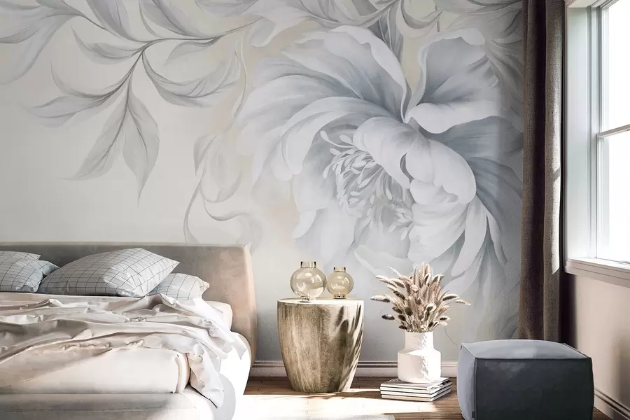 murais de parede Peônia grande e texturizada, com pétalas delicadas e folhas cinzentas, pintada em estilo suave w09647