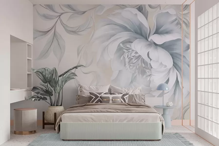 murais de parede Peônia grande e texturizada, com pétalas delicadas e folhas cinzentas, pintada em estilo suave w09647