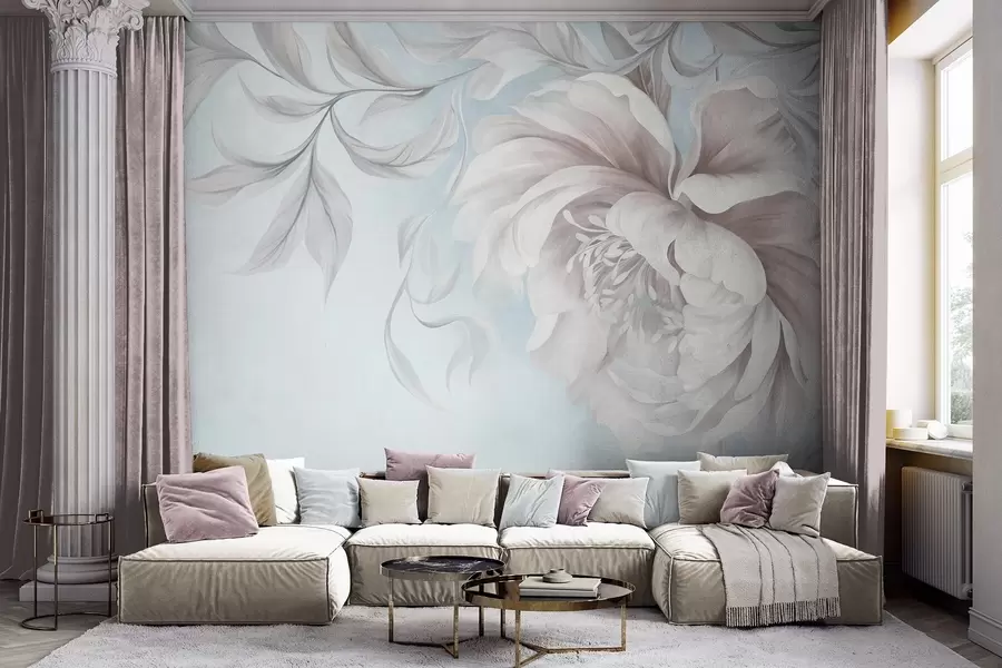 murais de parede Peônia grande e texturizada, com pétalas delicadas e folhas cinzentas, pintada em estilo suave w09647v1