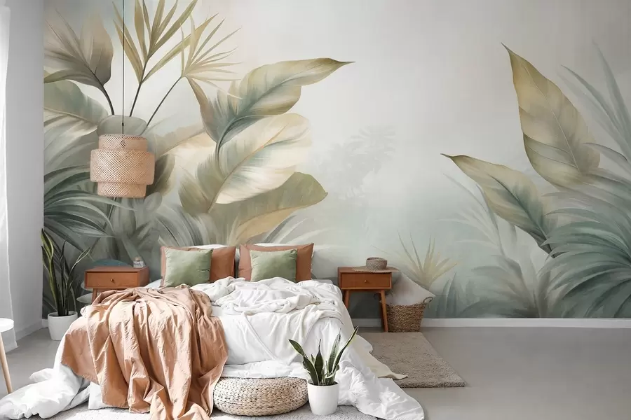 murais de parede Folhas tropicais grandes e texturizadas em tons suaves de verde e bege, um ambiente de selva w09820