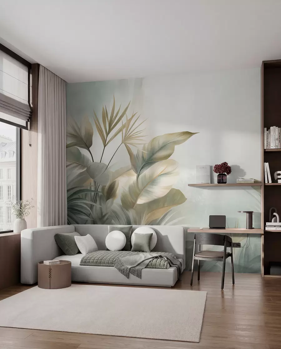 murais de parede Folhas tropicais grandes e texturizadas em tons suaves de verde e bege, um ambiente de selva w09820