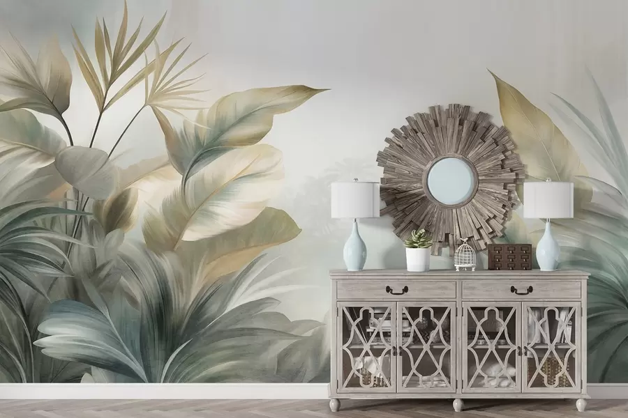 murais de parede Folhas tropicais grandes e texturizadas em tons suaves de verde e bege, um ambiente de selva w09820