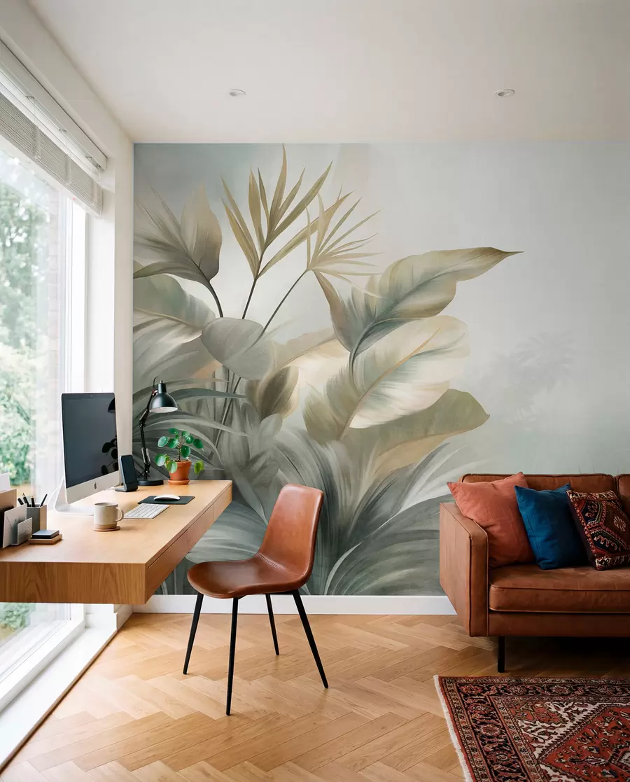 murais de parede Folhas tropicais grandes e texturizadas em tons suaves de verde e bege, um ambiente de selva w09820