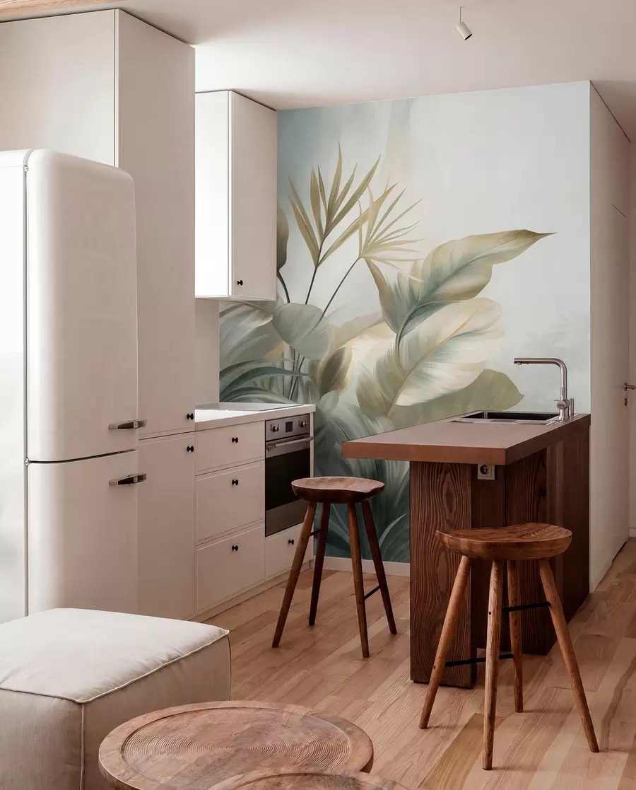 murais de parede Folhas tropicais grandes e texturizadas em tons suaves de verde e bege, um ambiente de selva w09820