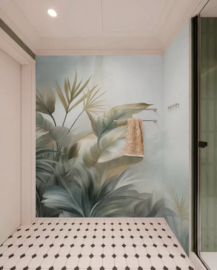 murais de parede Folhas tropicais grandes e texturizadas em tons suaves de verde e bege, um ambiente de selva w09820