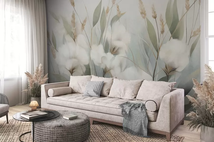 murais de parede Flores secas brancas e grama alta contra um fundo suave e discreto, pintadas em estilo impressionista w09823