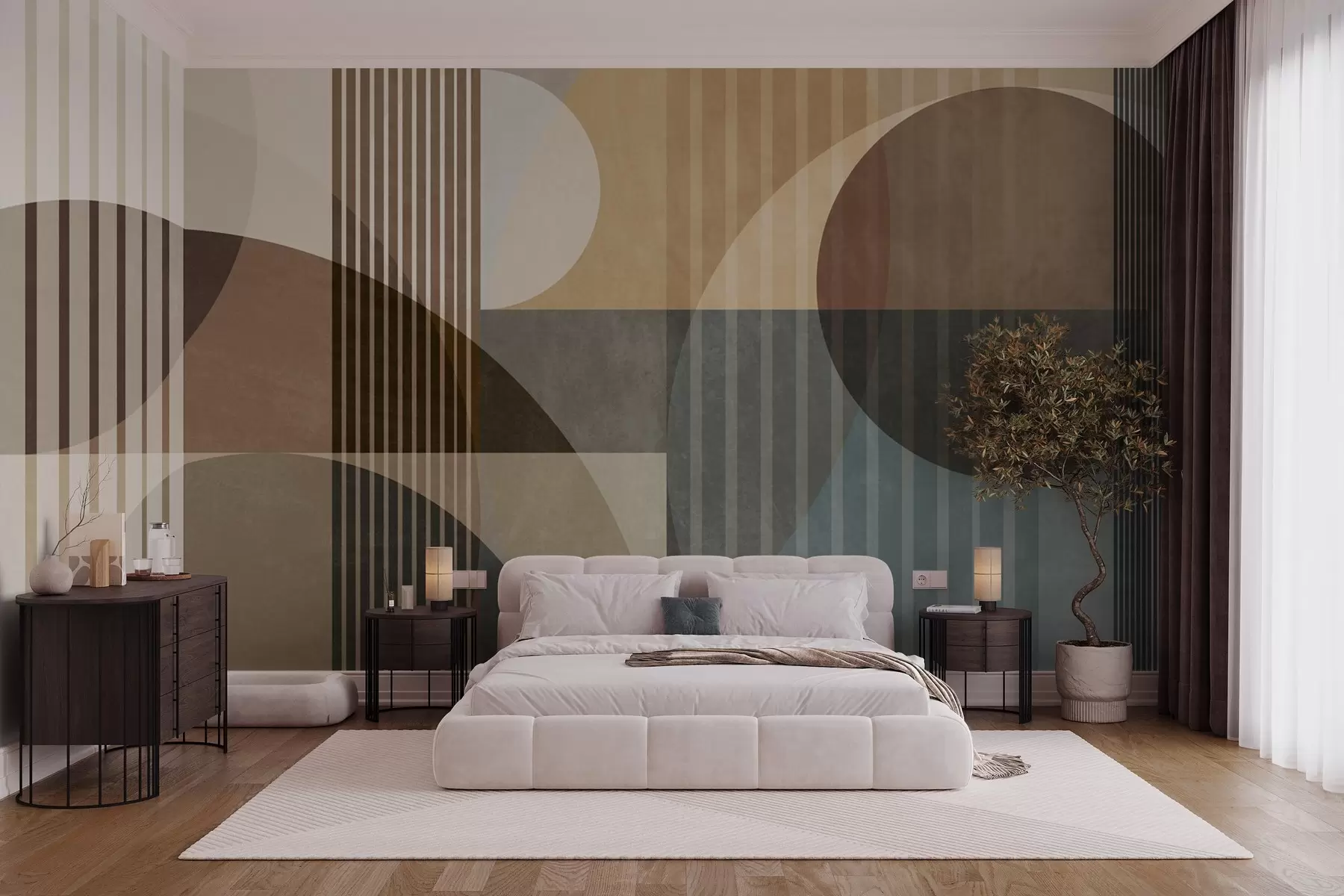 murais de parede Formas geométricas abstratas com círculos e linhas, tons terrosos suaves, composição texturizada e em camadas w09834