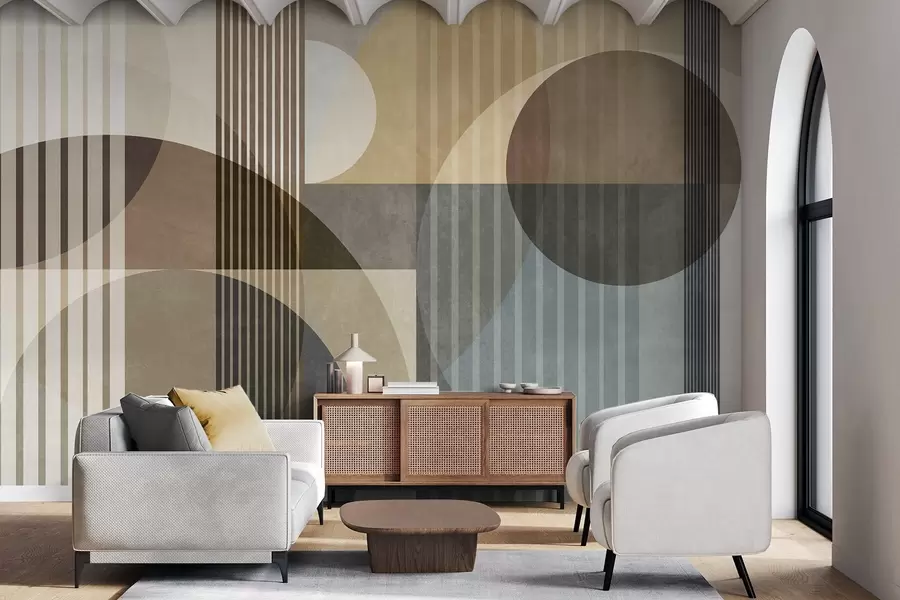murais de parede Formas geométricas abstratas com círculos e linhas, tons terrosos suaves, composição texturizada e em camadas w09834