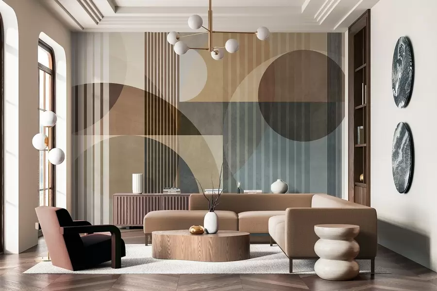 murais de parede Formas geométricas abstratas com círculos e linhas, tons terrosos suaves, composição texturizada e em camadas w09834