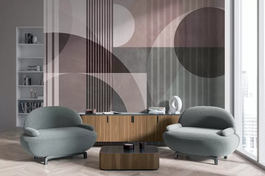 murais de parede Formas geométricas abstratas com círculos e linhas, tons suaves, textura e composição em camadas w09834v1