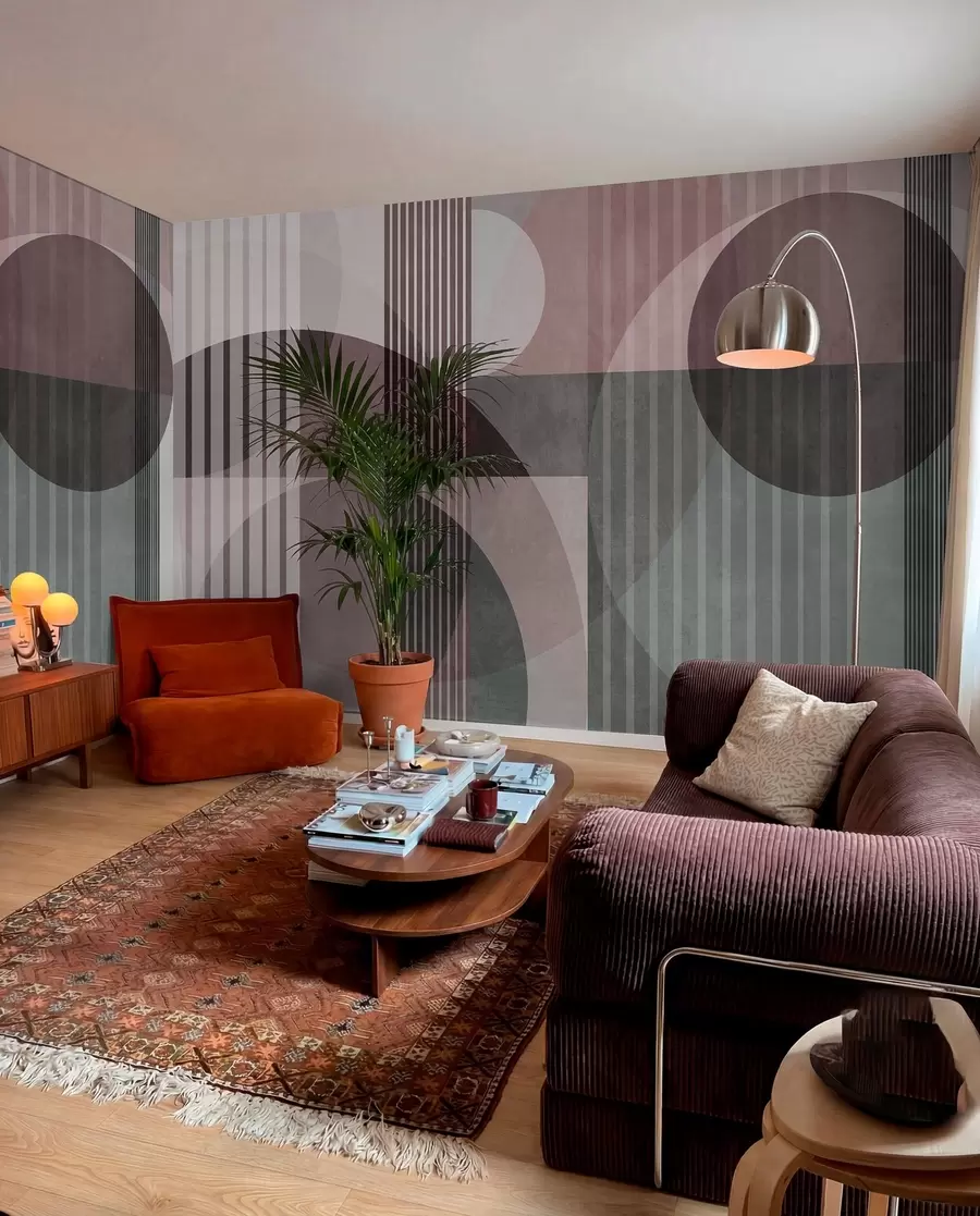 murais de parede Formas geométricas abstratas com círculos e linhas, tons suaves, textura e composição em camadas w09834v1