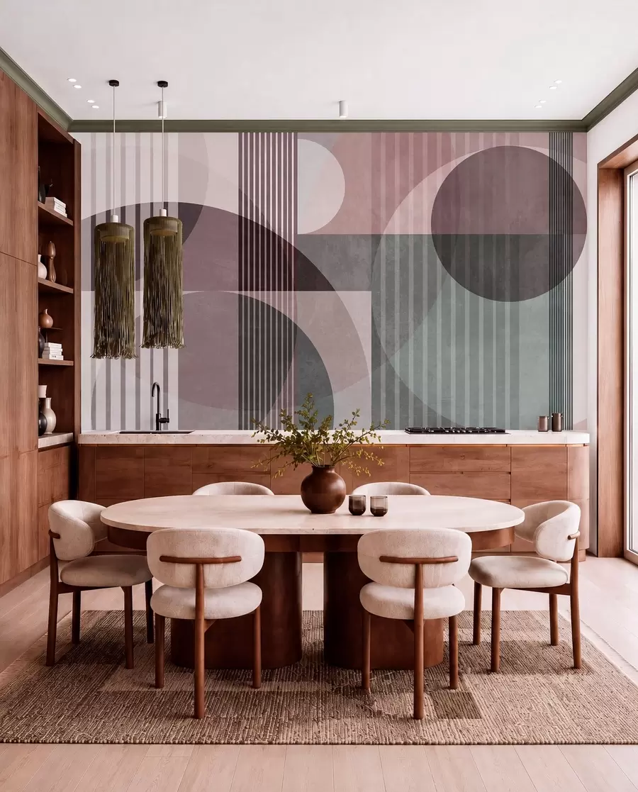 murais de parede Formas geométricas abstratas com círculos e linhas, tons suaves, textura e composição em camadas w09834v1