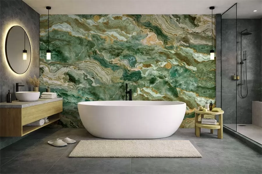 murais de parede Textura de ônix verde com veios fluidos em camadas w05429
