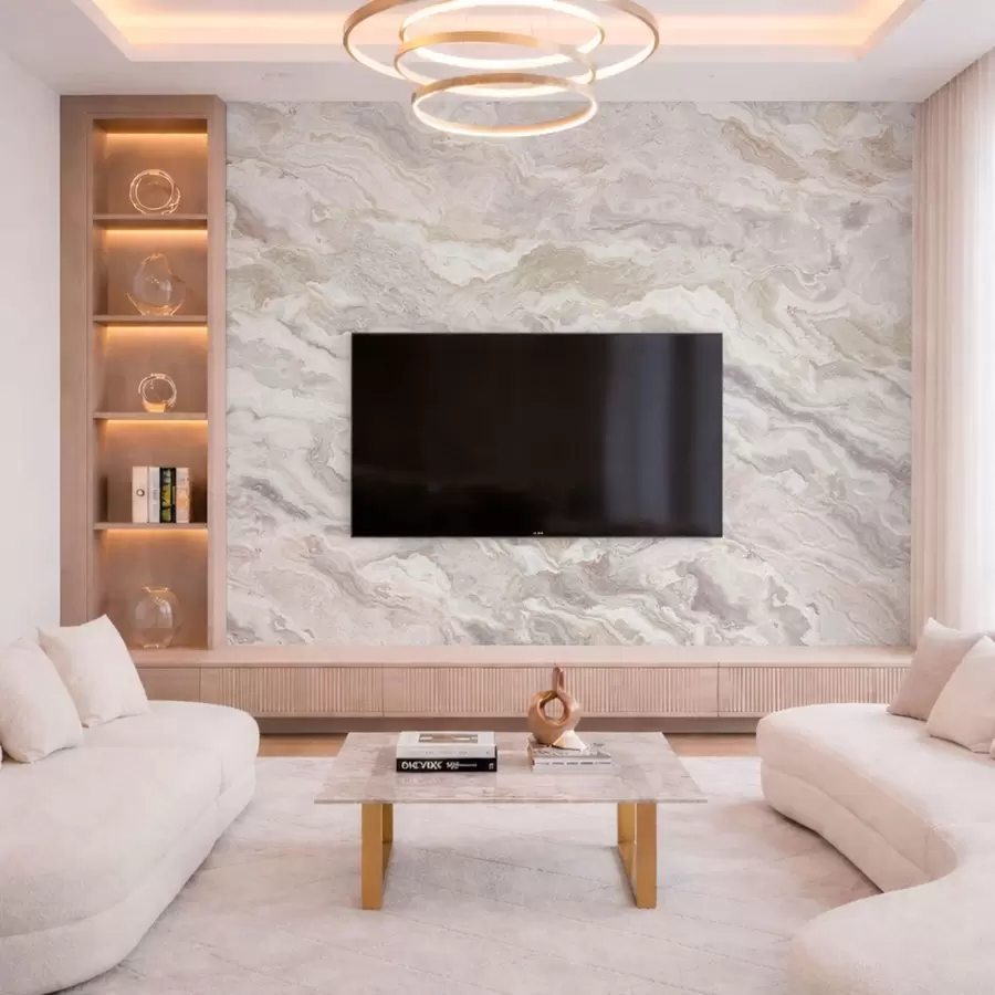 murais de parede Ônix claro com camadas fluidas em tons de bege e cinza w05430