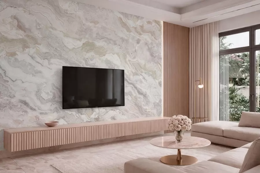 murais de parede Ônix claro com camadas fluidas em tons de bege e cinza w05430