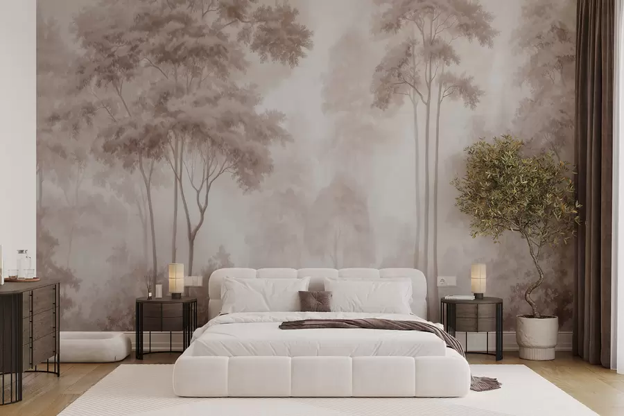 murais de parede Paisagem florestal abstrata em tons de bege esfumado, com uma sensação de profundidade w09657