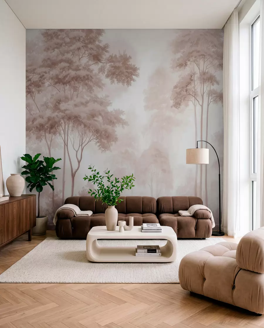 murais de parede Paisagem florestal abstrata em tons de bege esfumado, com uma sensação de profundidade w09657