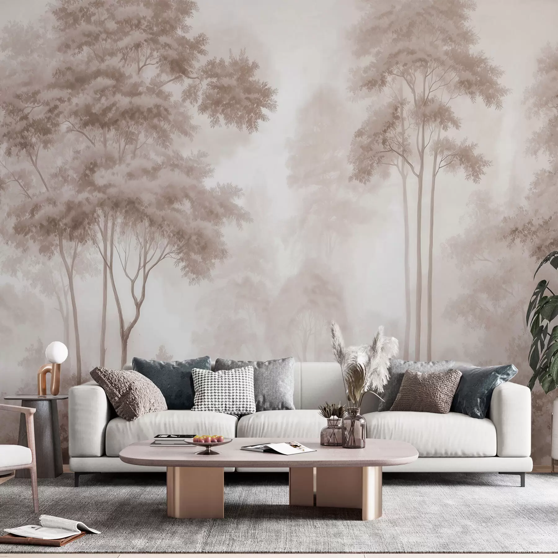 murais de parede Paisagem florestal abstrata em tons de bege esfumado, com uma sensação de profundidade w09657