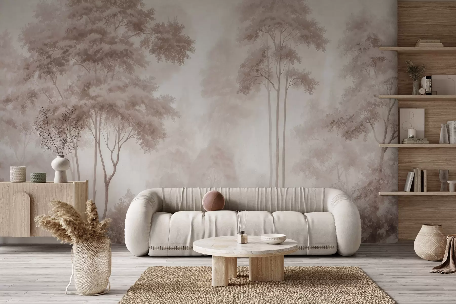 murais de parede Paisagem florestal abstrata em tons de bege esfumado, com uma sensação de profundidade w09657