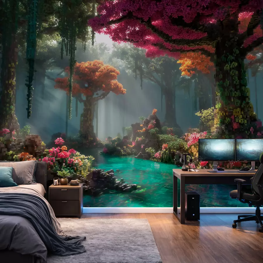 murais de parede Bosque encantado em estilo pixel, inspirado em videogames w09683