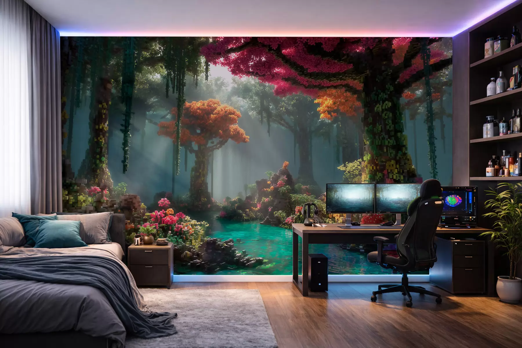 murais de parede Bosque encantado em estilo pixel, inspirado em videogames w09683