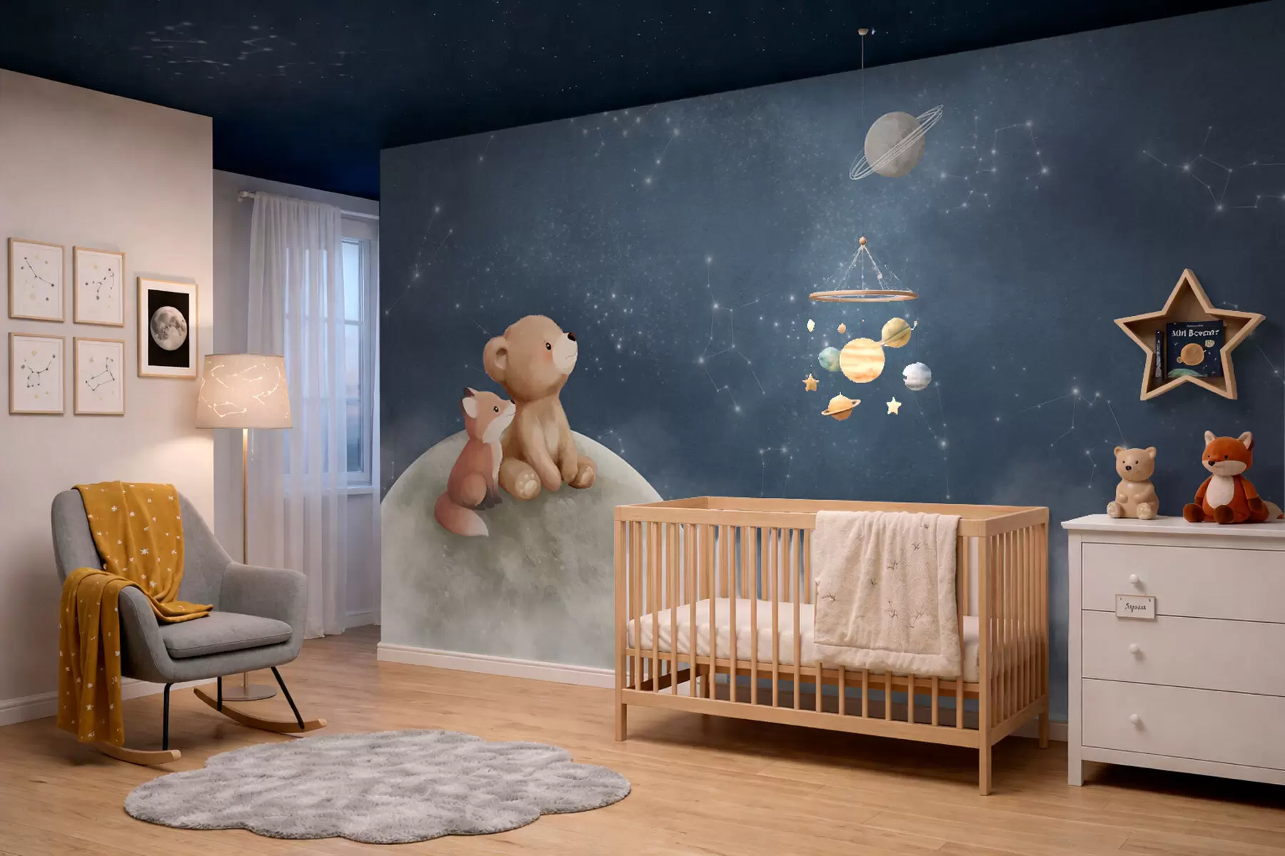 murais de parede Ilustração em tons pastéis de um urso e uma raposa sob o céu noturno w05431