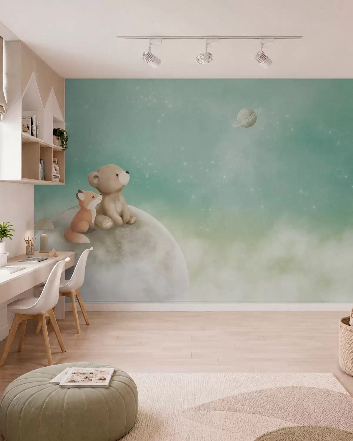 murais de parede Ilustração em tons pastéis de um urso e uma raposa contra um céu verde w05431v1
