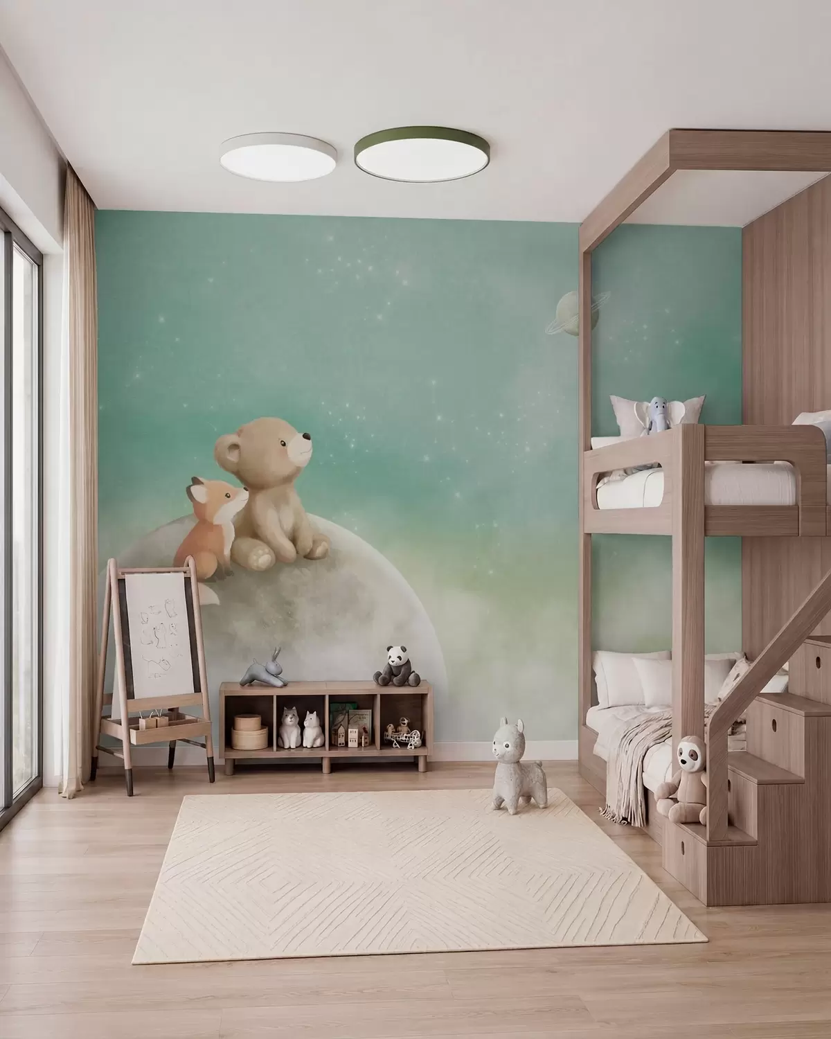 murais de parede Ilustração em tons pastéis de um urso e uma raposa contra um céu verde w05431v1