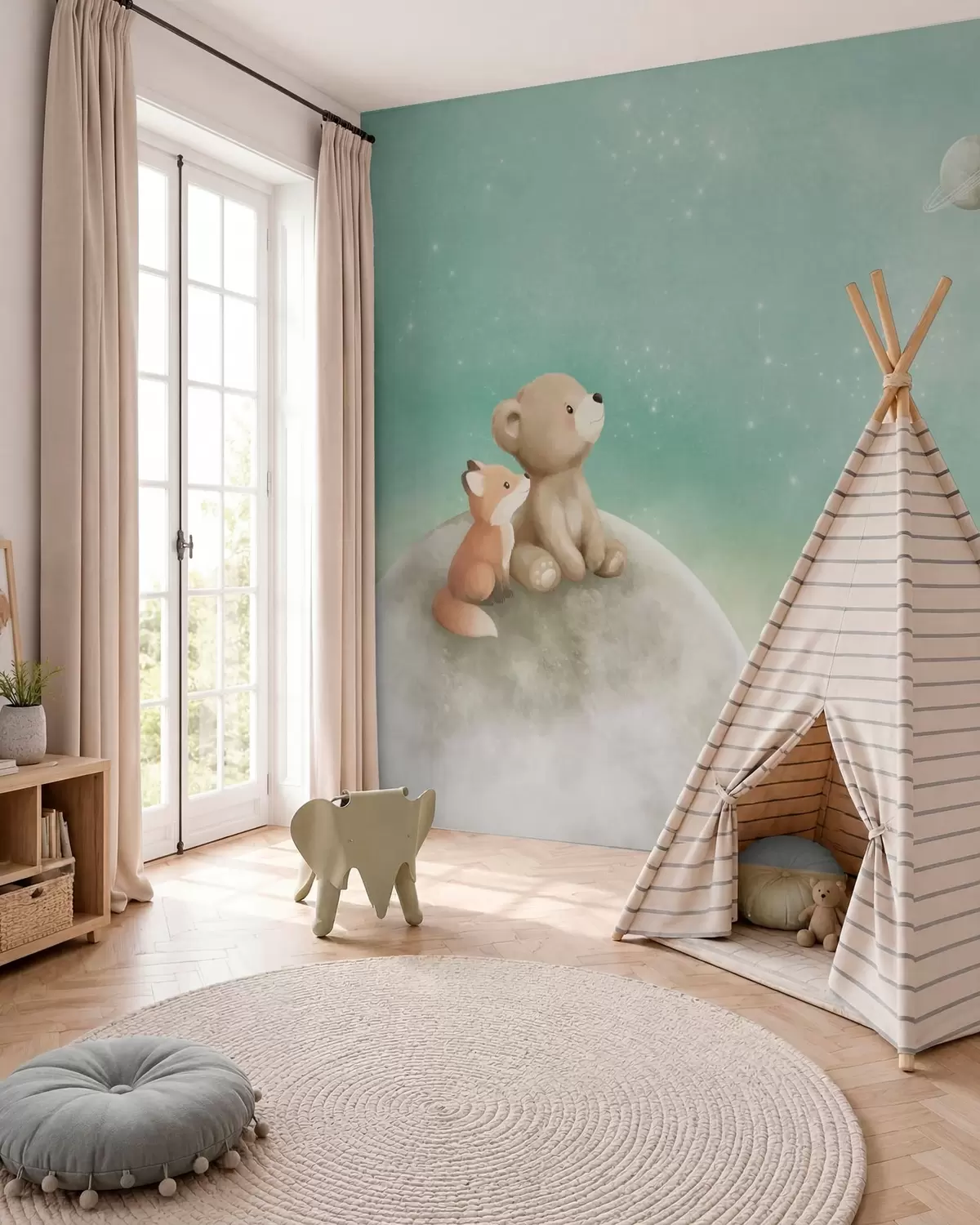 murais de parede Ilustração em tons pastéis de um urso e uma raposa contra um céu verde w05431v1