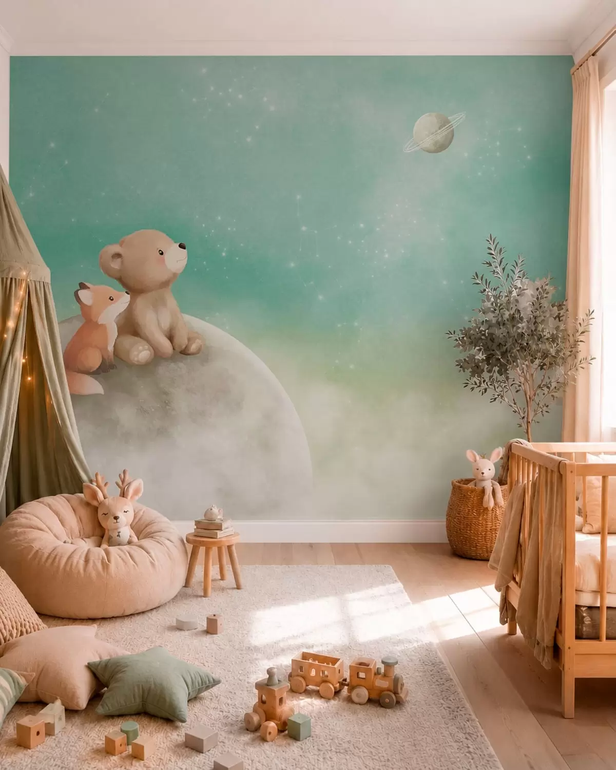 murais de parede Ilustração em tons pastéis de um urso e uma raposa contra um céu verde w05431v1