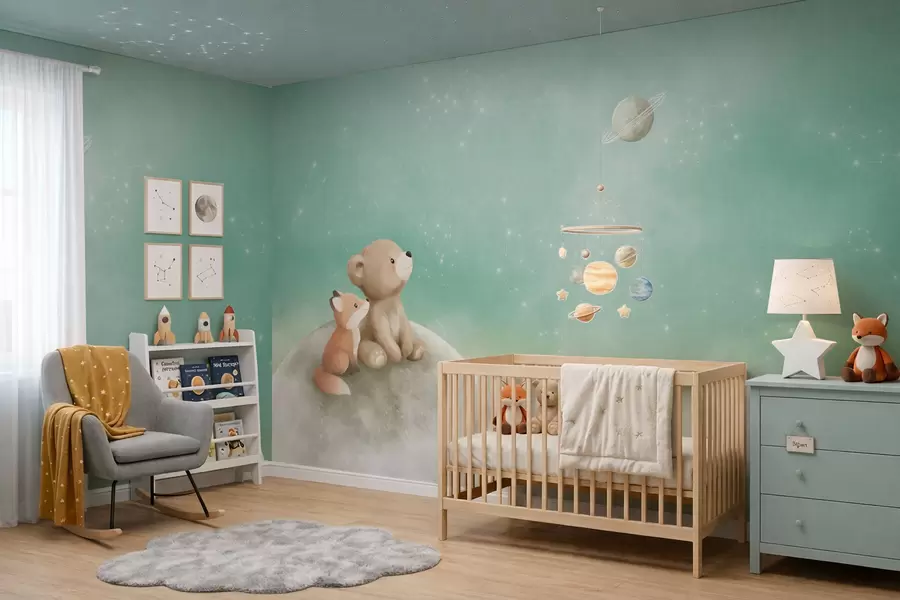 murais de parede Ilustração em tons pastéis de um urso e uma raposa contra um céu verde w05431v1