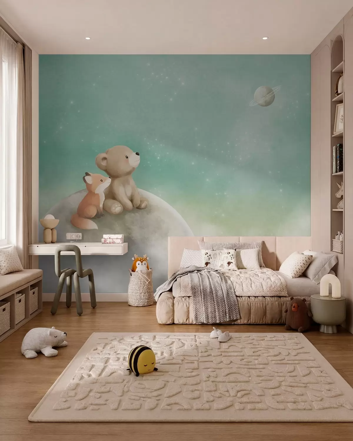murais de parede Ilustração em tons pastéis de um urso e uma raposa contra um céu verde w05431v1