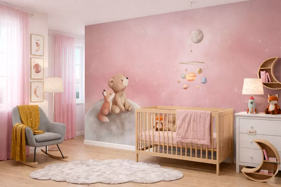 murais de parede Ilustração em tons pastéis de um urso e uma raposa sob um céu rosa e a lua w05431v2