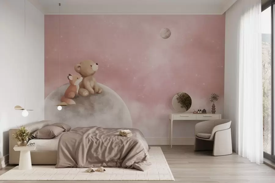 murais de parede Ilustração em tons pastéis de um urso e uma raposa sob um céu rosa e a lua w05431v2