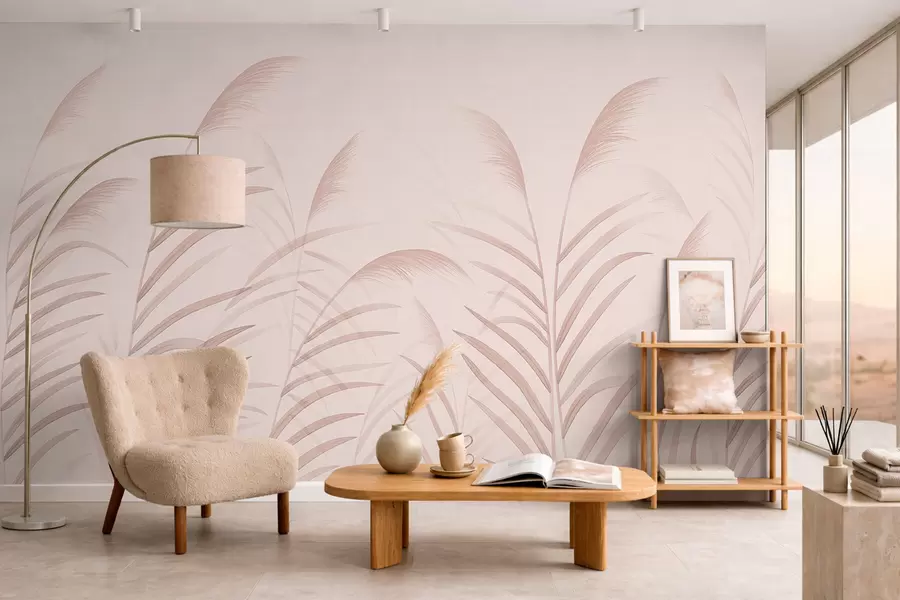 murais de parede Gramíneas minimalistas em tons suaves de rosa w05432v2