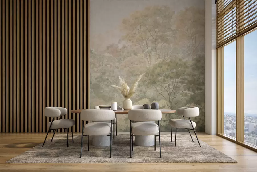 murais de parede Paisagem florestal vintage em tons suaves de verde w05433