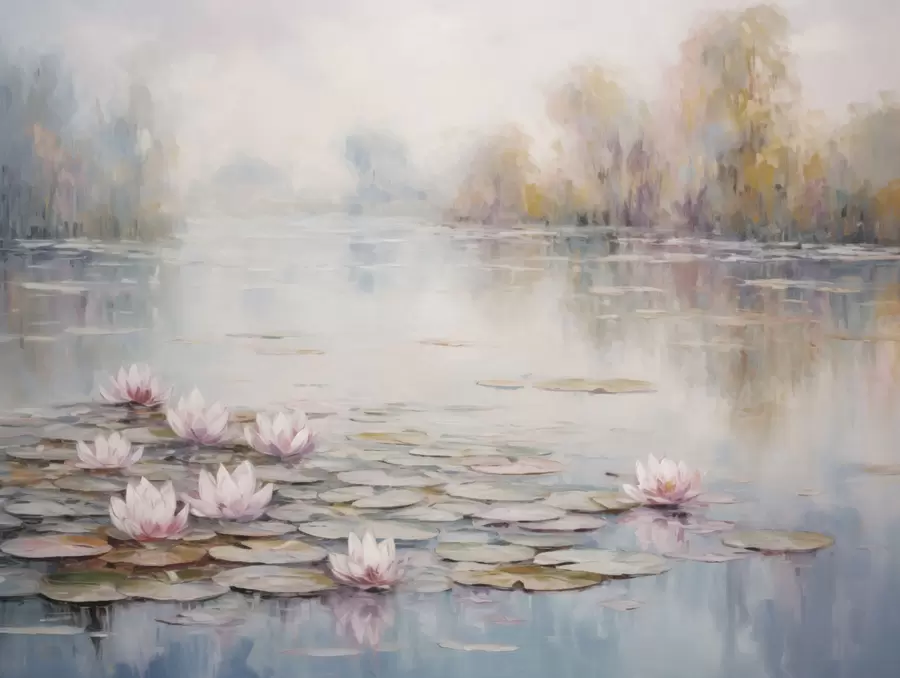 murais de parede Lago impressionista com nenúfares e luz suave w05515