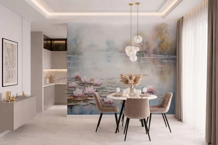 murais de parede Lago impressionista com nenúfares e luz suave w05515