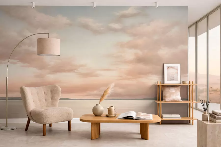 murais de parede Horizonte marinho minimalista com nuvens em tons pastéis w05516