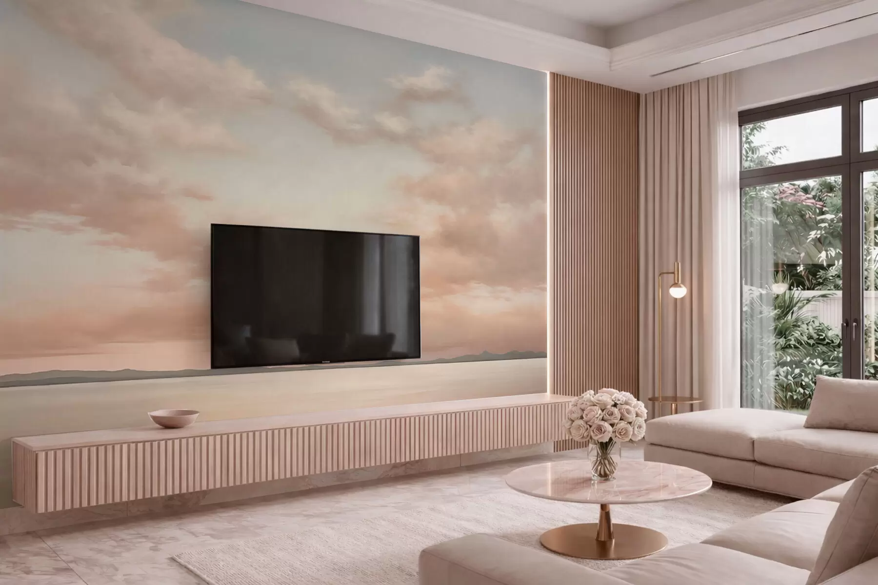 murais de parede Horizonte marinho minimalista com nuvens em tons pastéis w05516