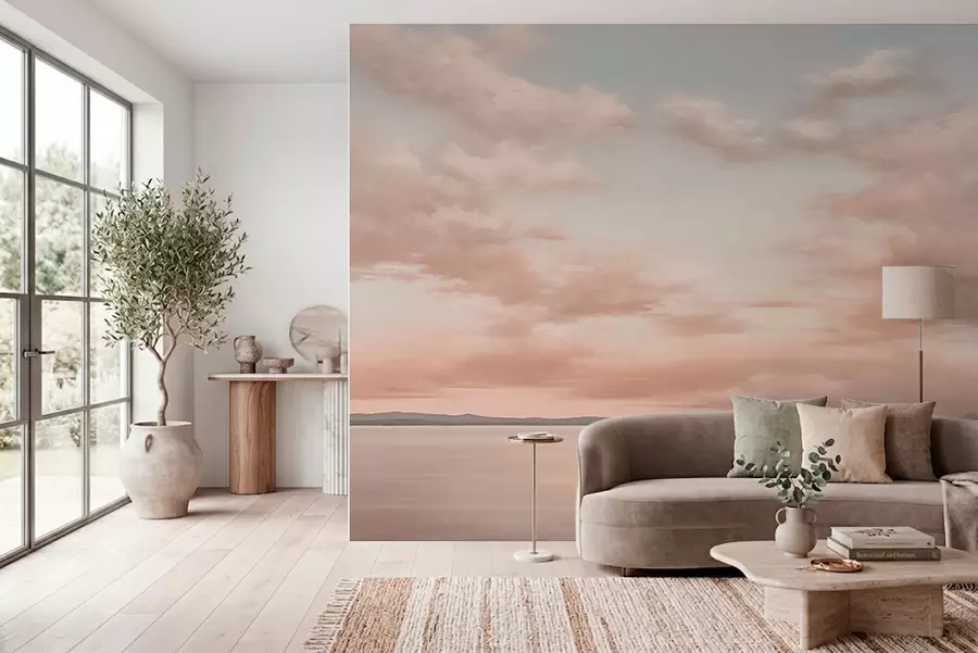 murais de parede Horizonte marinho minimalista com nuvens em tons pastéis w05516