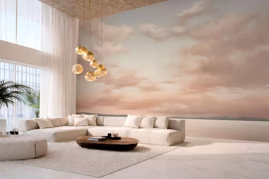 murais de parede Horizonte marinho minimalista com nuvens em tons pastéis w05516