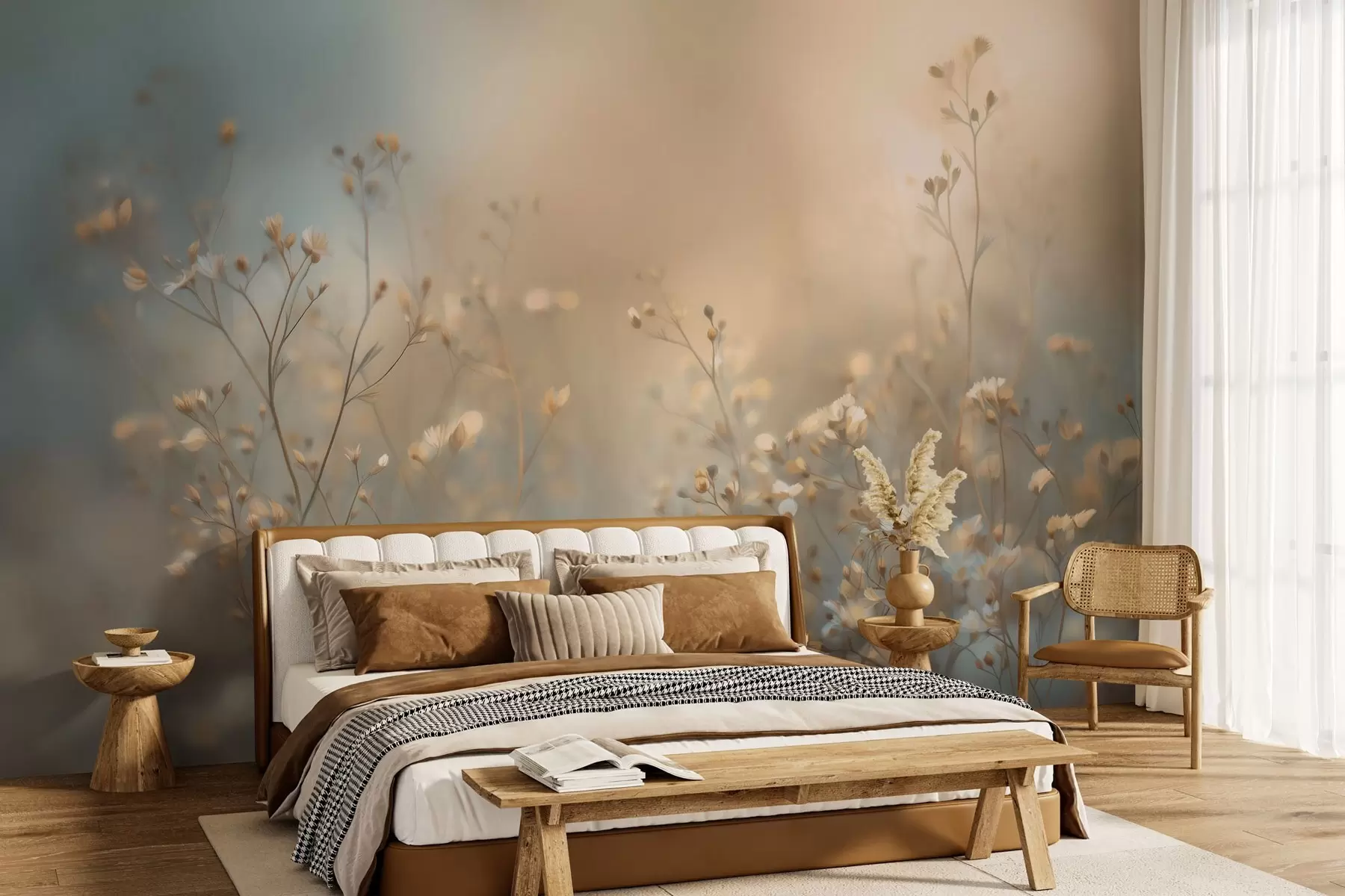 murais de parede gramíneas de campo com pequenas flores contra um fundo com pouca profundidade de campo w05386