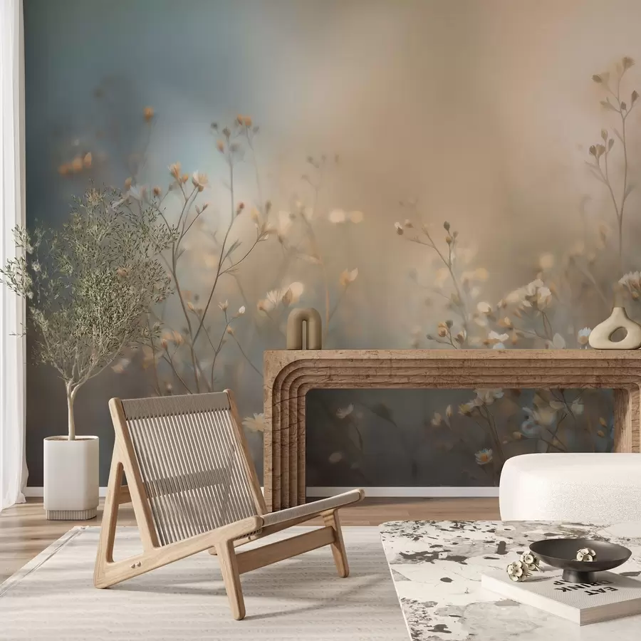 murais de parede gramíneas de campo com pequenas flores contra um fundo com pouca profundidade de campo w05386