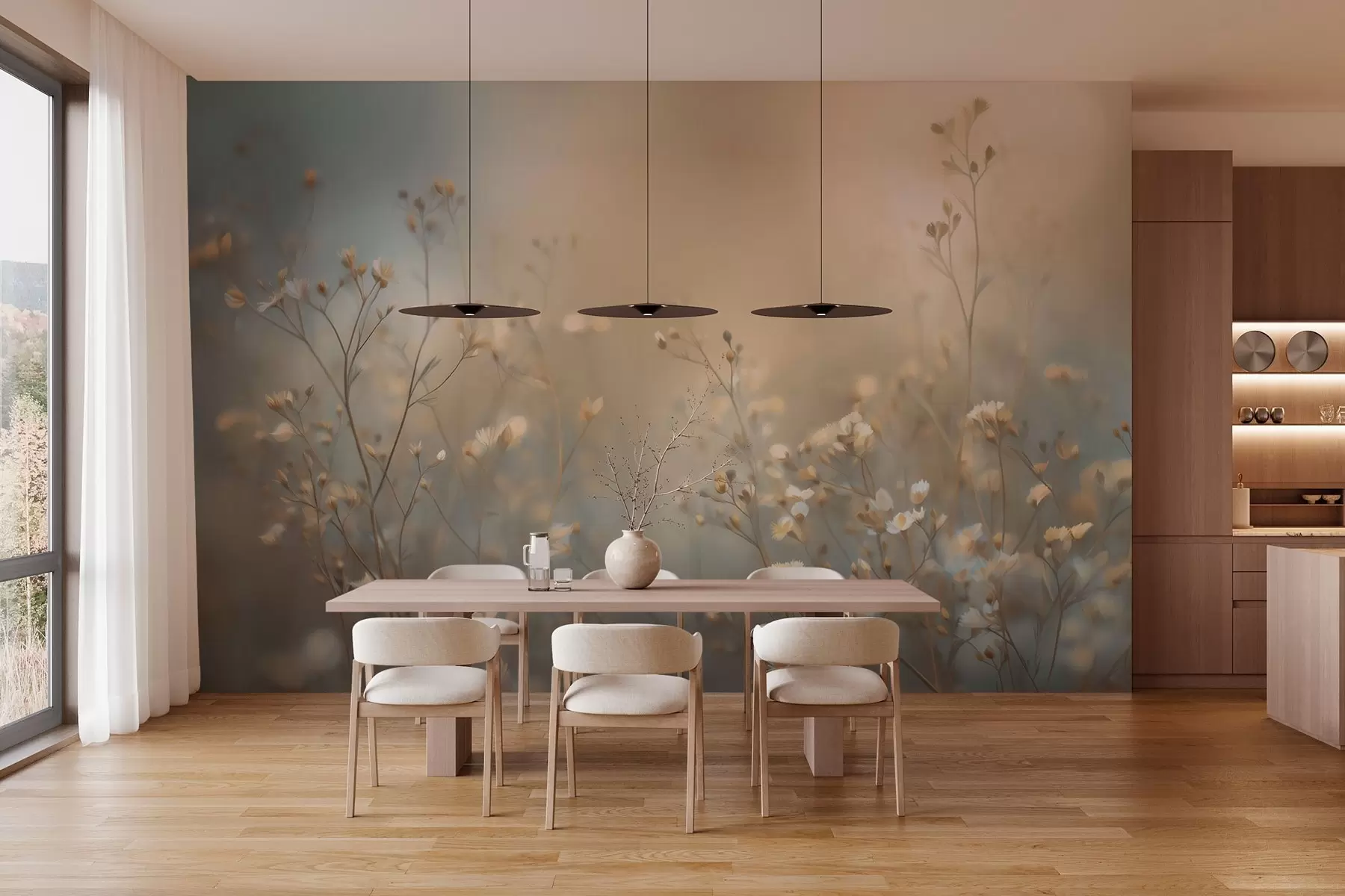 murais de parede gramíneas de campo com pequenas flores contra um fundo com pouca profundidade de campo w05386